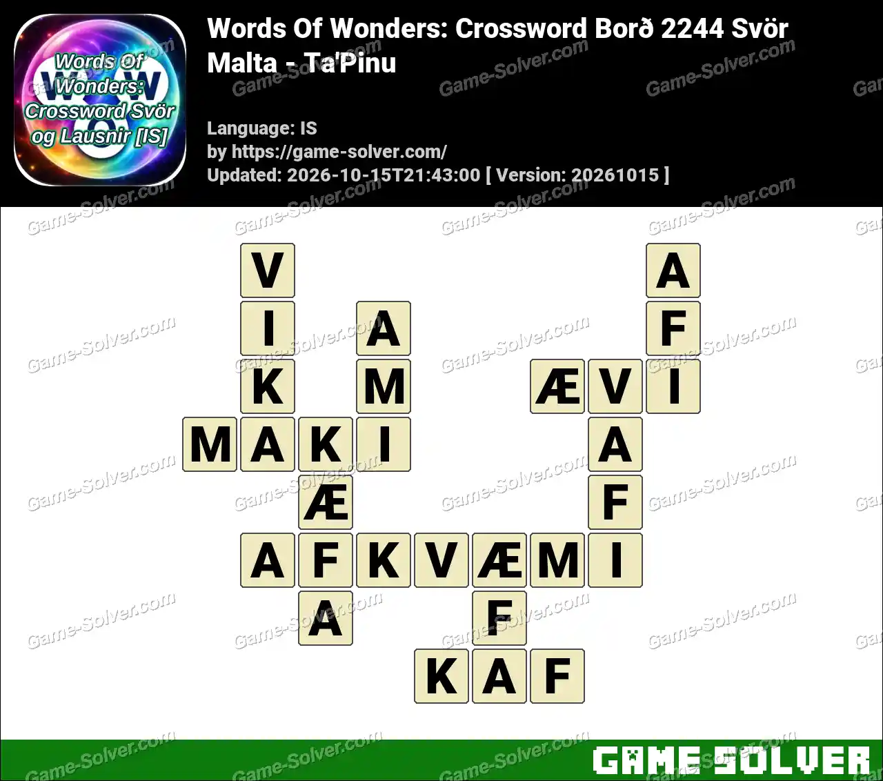 Words Of Wonders: Crossword Borð 2244 Svör – Malta – Ta’Pinu